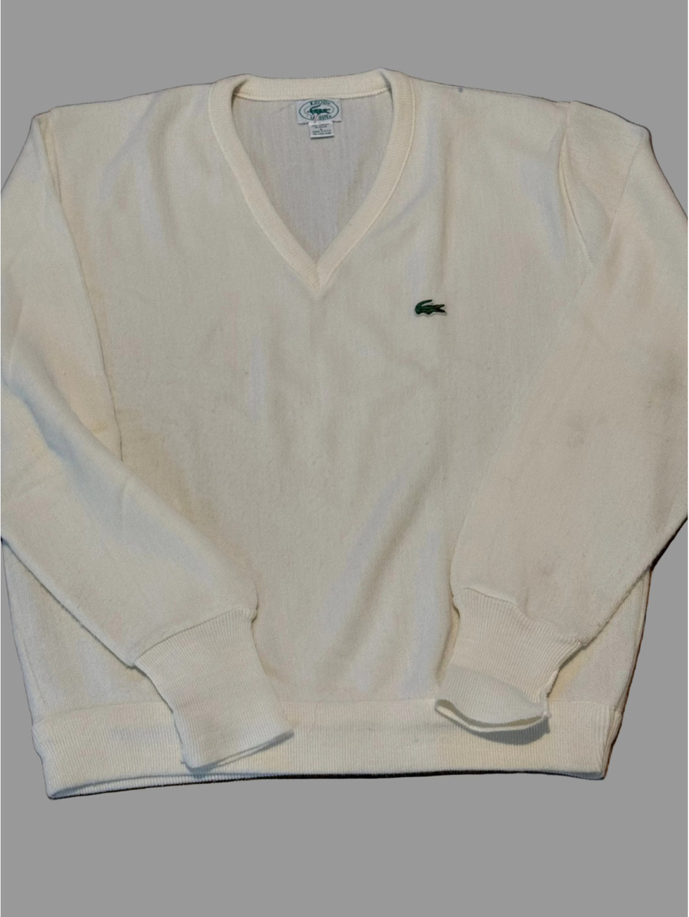 Vintage IZOD Lacoste Cream V-Neck Knit Sweater – Made in USA – Size Large